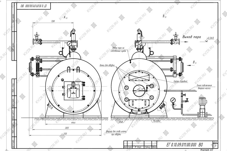 Чертеж парового котла Е 1.0 0.9 на газе